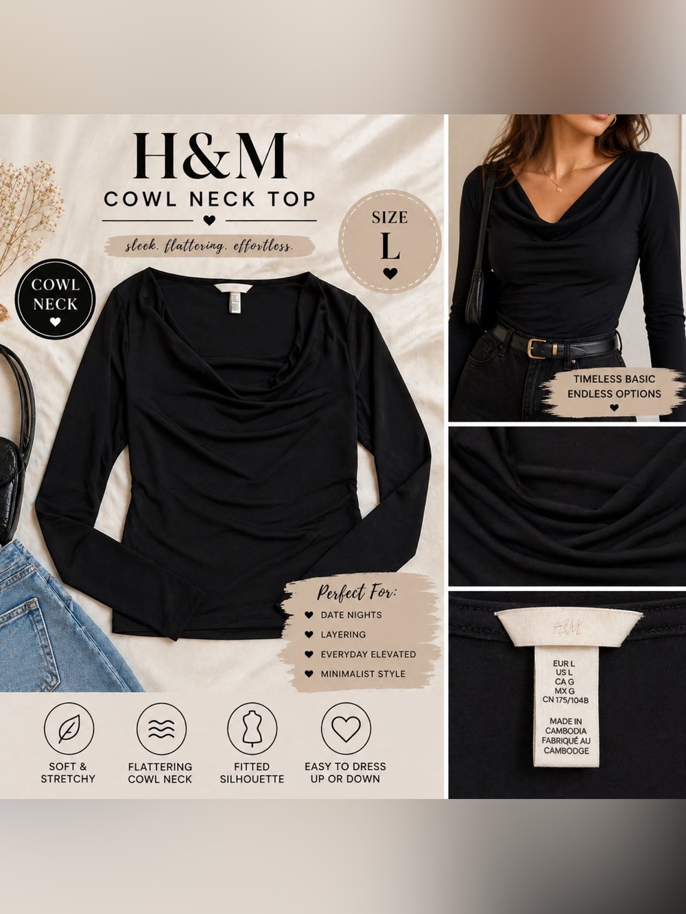 H&M Black Cowl Neck Long Sleeve Top Stretch Fitted Minimalist Size L